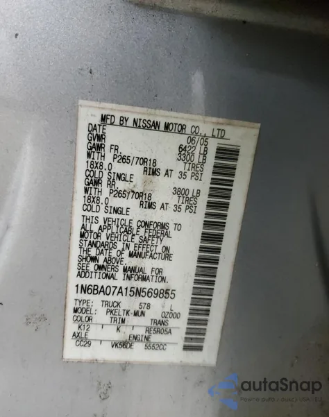 2005 Nissan Titan Xe from USA, damaged, VIN 1N6BA07A15N569855